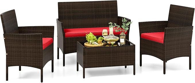 Tangkula 4 Piece Patio Rattan Conversation Set, Outdoor Wicker Furniture Set with Chair, Loveseat & Tempered Glass Table, Cozy Seat Cushions, Outside Sectional Sofa Set for Backyard, Porch (1, Red)