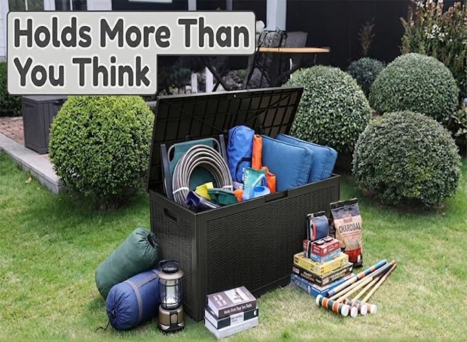 100 Gallon Large Deck Box, Premium Wicker Style Imitation Rattan Waterproof Outdoor Storage for Patio Furniture Cushions, Garden Tools & Pool Accessories, Lockable UV Resistant Black