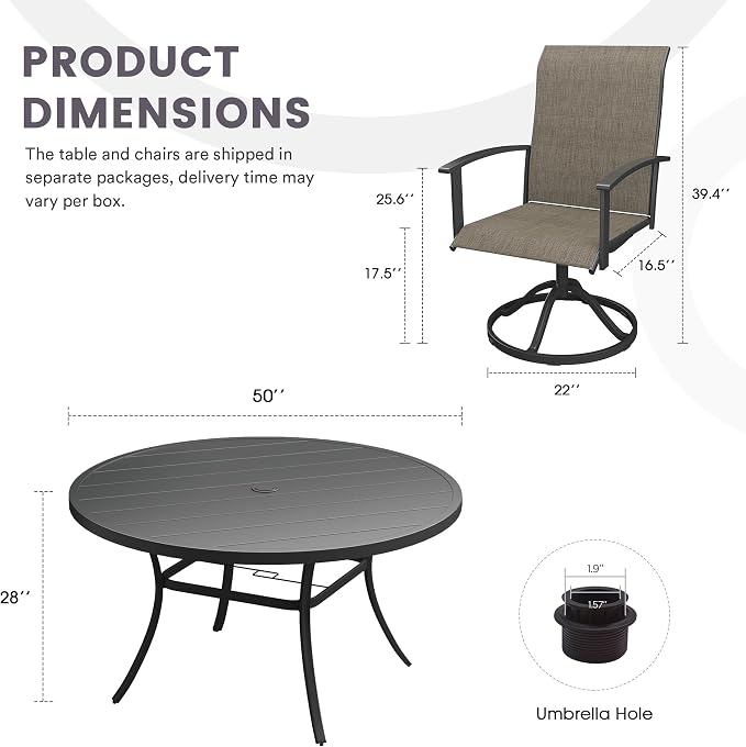 7 Pieces Outdoor Patio Dining Table Set, 50" All Weather Round Metal Table with Umbrella Hole and 6 High Back Textilene Swivel Chairs for Garden, Lawn, Poolside, Black Table & Brown Chairs