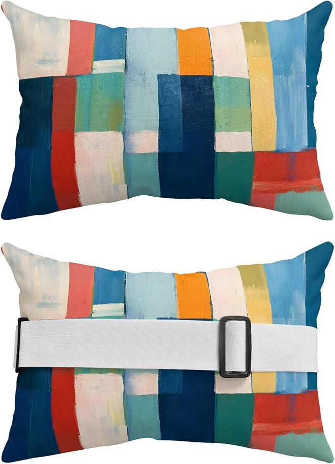 Blue Green Red Outdoor Chaise Lounge Head Pillow with Insert,Vintage Abstract Colorful Block Art Waterproof Headrest Lumbar Pillow Cusion Cover with Elastic Strap for Patio Recliner,12"x20" 2PCS
