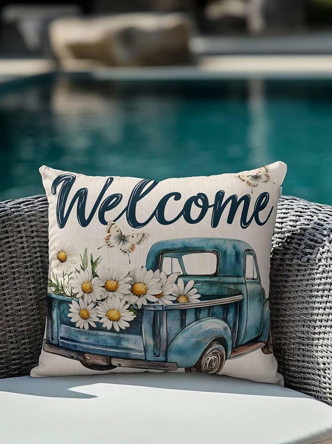 Outdoor Waterproof Throw Pillows Farm Blue Truck Daisy Flower Butterfly Patio Pillows,Decorative Pillow Covers with Insert,Pillow Cushion Case for Garden Couch Sofa Welcome Text on Burlap