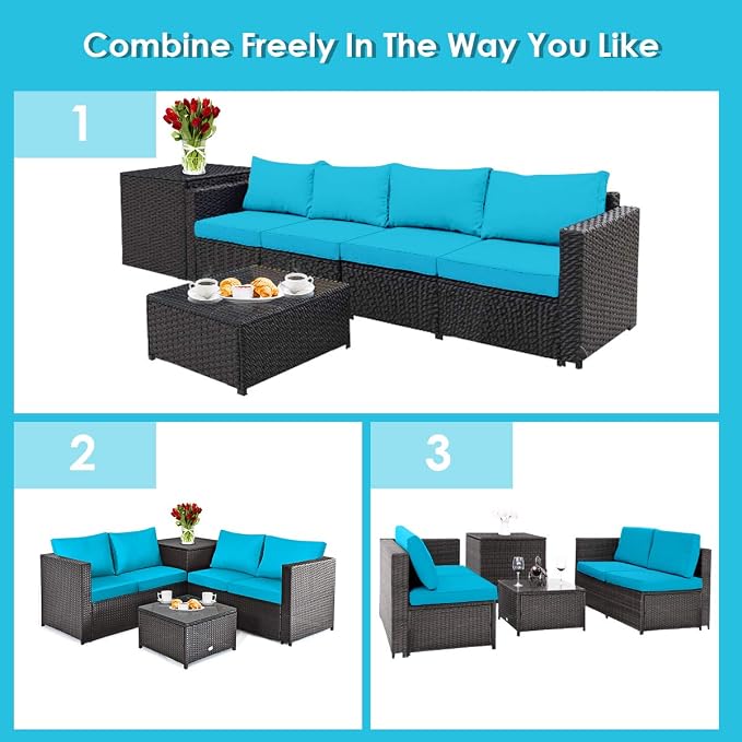DORTALA 8 Pieces Outdoor Patio Furniture Set, Weather Resistant PE Rattan Conversation Set with Loveseats, Outdoor Sectional Sofa Set with Comfy Cushions for Garden and Poolside, Turquoise