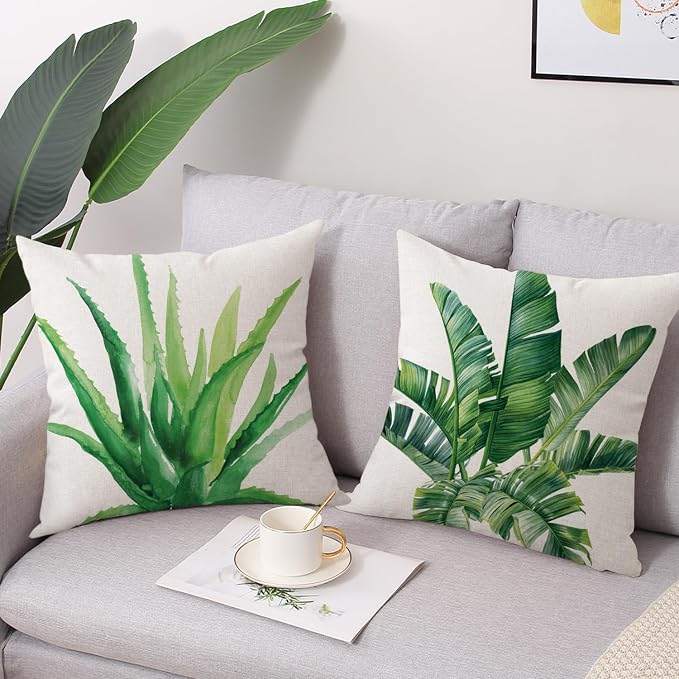 Outdoor Throw Pillow Covers 18x18 Set of 4 Waterproof Summer Tropical Leaves Pillow Covers Palm Monstera Leaf Decorative Cushion Case for Patio Furniture Garden Couch