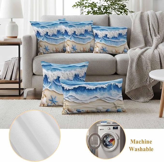 Summer Beach Outdoor Waterproof Throw Pillow Covers Set of 2, 16"x16", Seashell Starfish Nautical Coastal Decorative Pillow Covers Outside Cushion Case for Patio Porch Garden