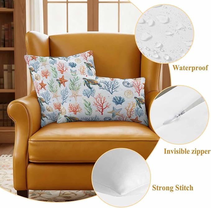Summer Ocean Outdoor Waterproof Pillow Covers Pack of 2, Blue Nautical Sea Turtles Shells Corals Starfish Decorative Throw Pillowcases Cushion Covers for Garden Patio Tent Sofa Couch, 26x26 inch