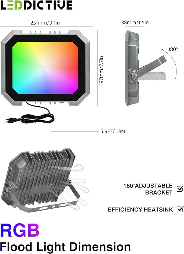 Leddictive 4 Pack RGB LED Flood Light 100W, 1000W Equivalent 10000 LM Outdoor Landscape Flood Lights with 4 Remote, IP66 Waterproof Outdoor Light for Christmas Party Stage Uplight Wall Wash