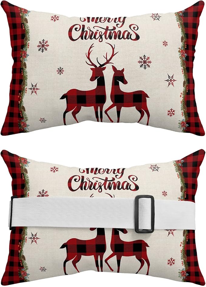 Outdoor Pillows Covers with Inserts Christmas Red and Black Buffalo Plaid Elk Waterproof Recliner Pillow with Adjustable Strap Throw Pillows for Patio Furniture Pool Lounge Chair, 12x20 inch, 1PCS