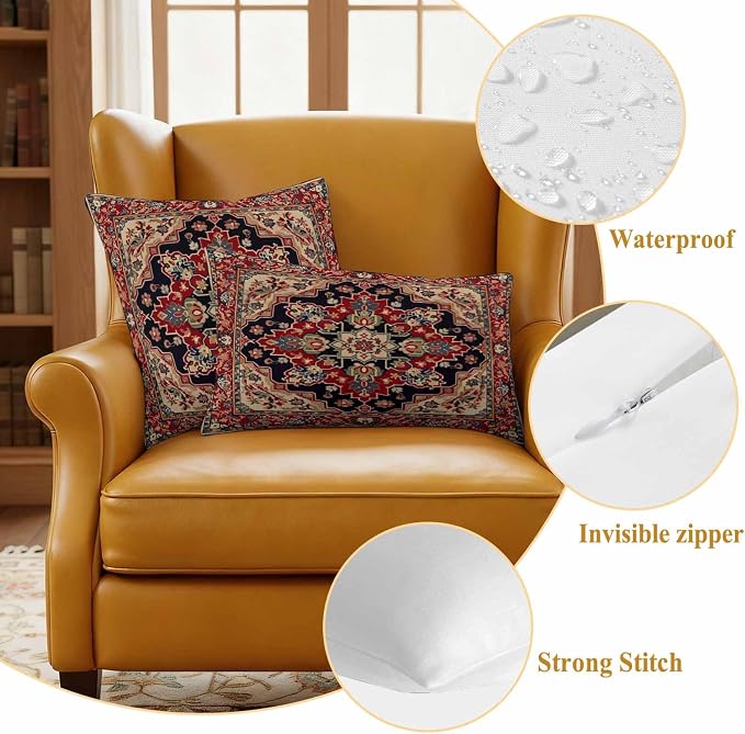 Red Vintage Outdoor Waterproof Throw Pillow Covers Set of 2, 20"x12", Floral Pattern Ethnic Style Decorative Pillow Covers Outside Cushion Case for Patio Porch Garden