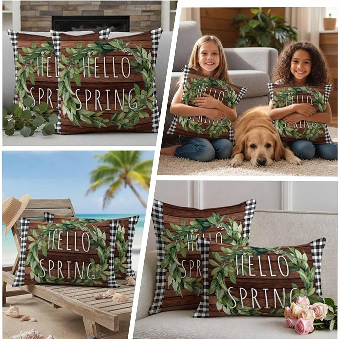 Hello Spring Outdoor Pillow Covers Pack of 2 Green Leaf Plant Black Plaid Brown Wood Grain Waterproof Throw Pillow Covers Decorative Cushion Cases for Patio Garden Tent Balcony Couch 20x20 inch