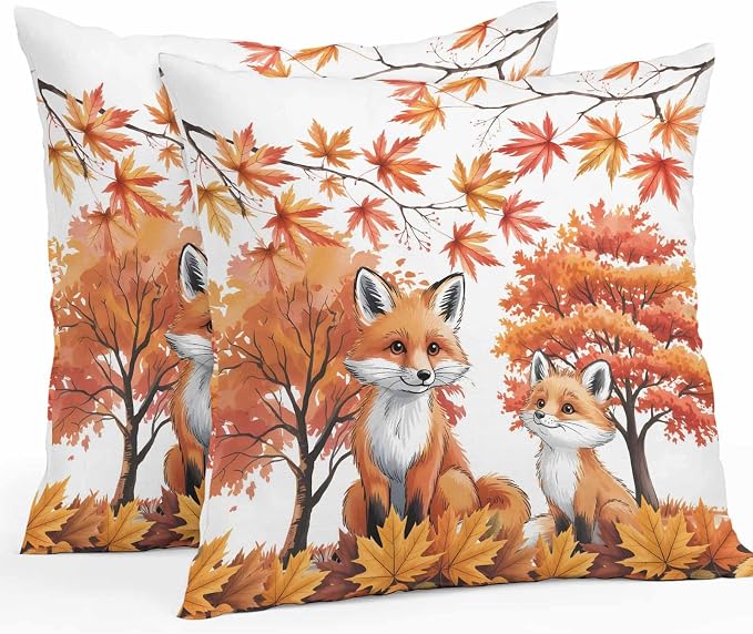 Orange Fox Outdoor Waterproof Pillow Covers, Thanksgiving Maple Leaves Autumn Trees Decorative Square Throw Pillowcase Sofa Cushion Sham for Patio/Couch/Chair, 18"x18" 2 Pack
