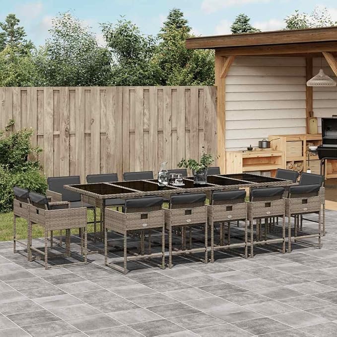15 Piece Patio Dining Set, Foldable PE Rattan Garden Furniture with Tempered Glass Table and 14 Cushioned Chairs, Outdoor Space-Saving Cube Set for Backyard, Deck, and Poolside