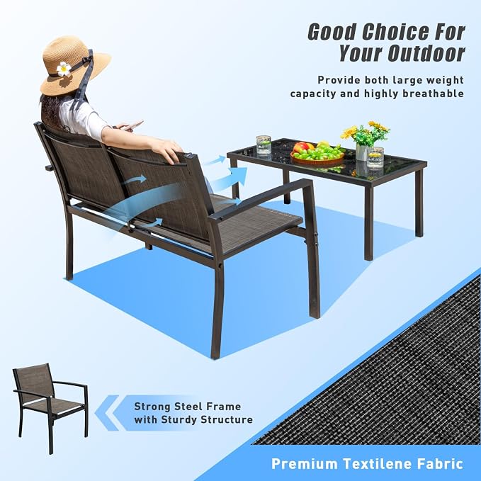 Devoko 4 Pieces Patio Furniture Set Outdoor Garden Patio Conversation Sets Poolside Lawn Chairs with Glass Coffee Table Porch Furniture (Brown)