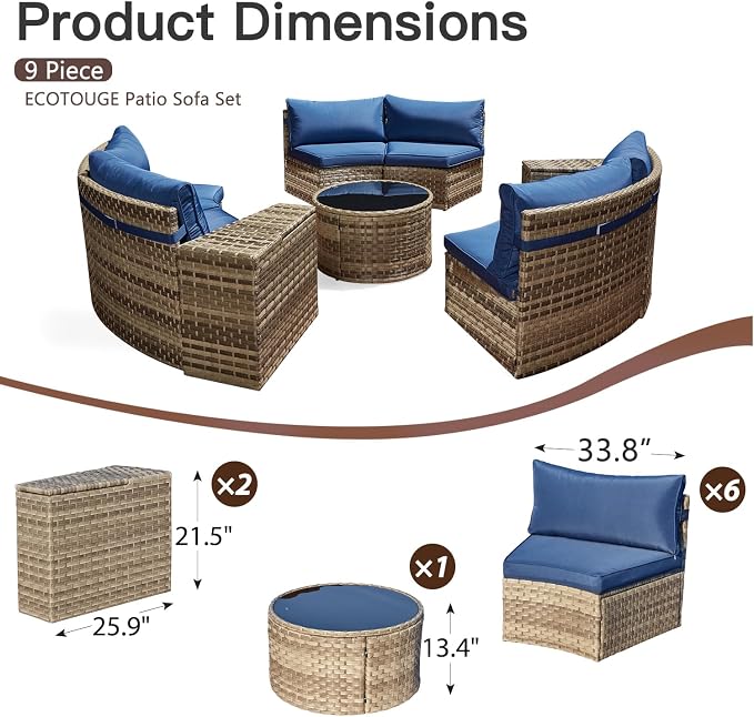 ECOTOUGE Large Half-Moon Outdoor Patio Furniture Set, 9 Piece Wicker Rattan Patio Sectional Furniture Sofa Set Conversation Set for Pool Backyard Balcony Garden(Blue)