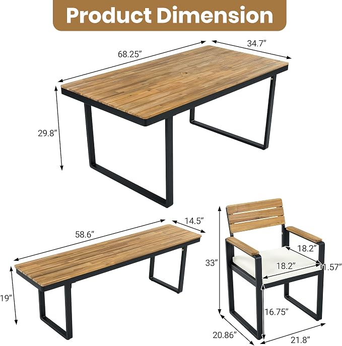 RuiSiSi 6-Piece Outdoor Dining Table Set, Acacia Wood Patio Dining Table Set with 1 Table, 4 Chairs, 1 Bench, Comfortable Cushions and Adjustable Feet for Patio, Garden, Backyard, Beige Cushion