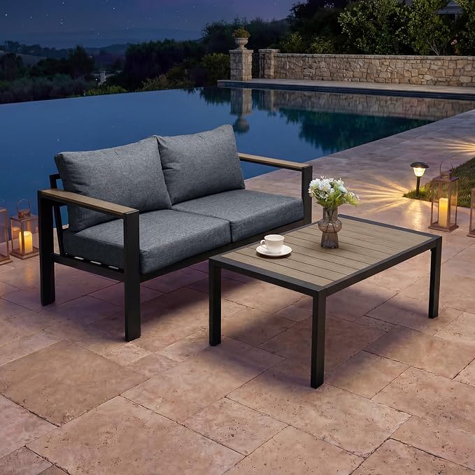Patio Furniture Set Loveseat and Coffee Table All-Weather Patio Sofa with Washable Thick Cushions, Deluxe Aluminum Modern Outside Sectional for Porch, Balcony, Deck, Yard, Light Gray