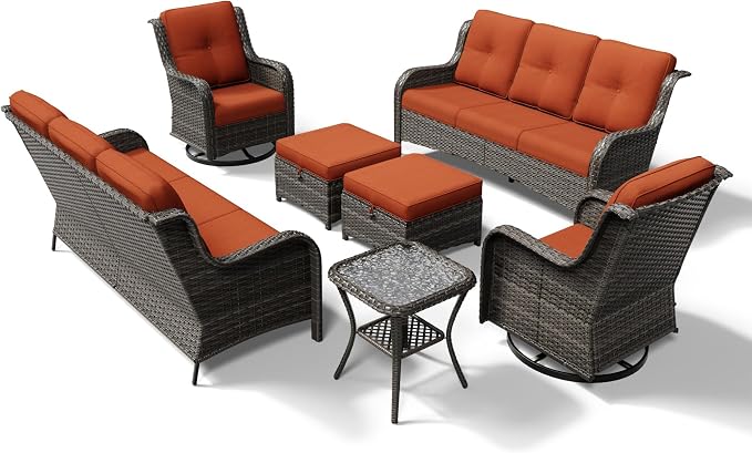 Joyside 7 Piece Wicker Patio Furniture Set, Outdoor Swivel Rocker Patio Chairs with High Back, Deep Seating, Wide Armrest, Thickened Cushions, Outdoor Furniture for Deck, Porch Use