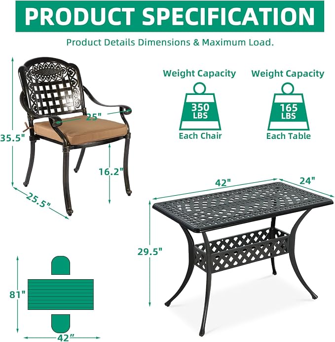 VIVIJASON 3 Piece Outdoor Dining Set, Cast Aluminum Patio Bistro Set with 42" x 24" Rectangular Table & 2 Cushioned Chairs, Rust Proof & Weather Resistant for Small Balcony, Porch, Garden, Deck