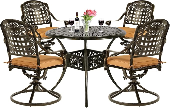 VIVIJASON 5-Piece Outdoor Patio Dining Set, All-Weather Cast Aluminum Conversation Set, Patio Furniture Set for Balcony Lawn Garden, Include 4 Swivel Cushioned Chairs, 1 Round Table w/Umbrella Hole
