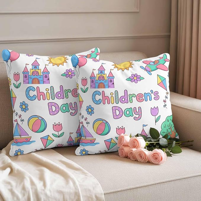 Pack of 2 Children's Day Outdoor Pillow Covers Decorative, Waterproof Pillow Protector, Airplanes Sailing Boats Tree Cartoon School Throw Pillowcases Accent Cushion Cases for Patio Couch Sofa 16"x16"