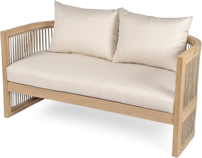 Christopher Knight Home Eden 5 Piece Patio Furniture Set with MGO Fire Pit + Tank Holder, 4-Seater Outdoor Acacia Wood Conversation Set with Cushions and Rectangular Fire Table, Light Teak+Beige+Gray