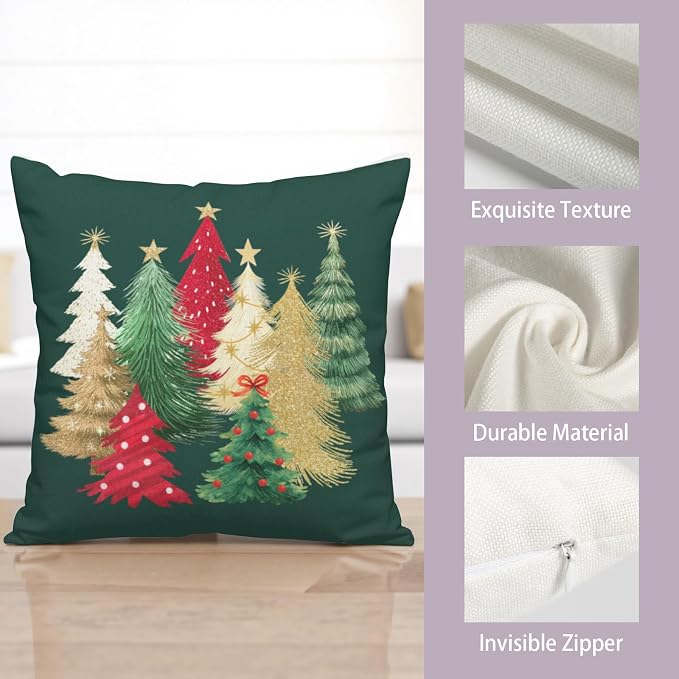 Christmas Pillow Covers 20x20 Set of 2 Green Xmas Tree Throw Pillow Covers Winter Holiday Decorative Pillowcase Double Sided Printing Cushion Case for Home Decor Sofa Couch