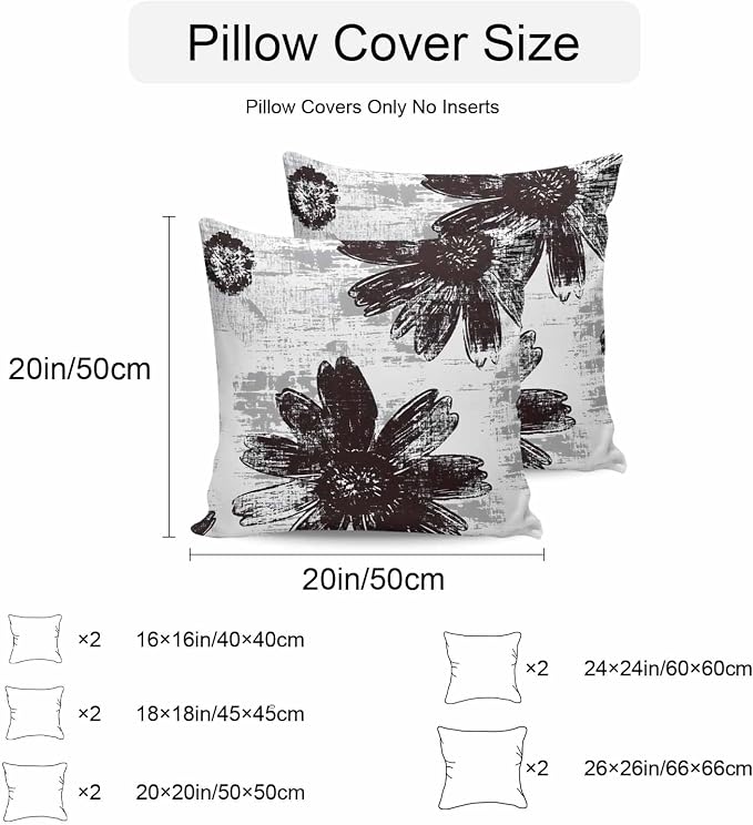 Vandarllin Outdoor Throw Pillows Covers 24x24 inch Set of 2 Waterproof Black Sunflower Decorative Zippered Cushion Covers for Patio Furniture, Floral Field Lumbar Pillowcases