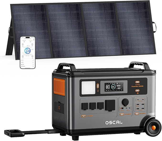 OSCAL 3600W Portable Solar Power Station with 400W Solar Panels, PowerMax 3600SE 3600Wh Solar Generator, 1800W AC/ 1600W Solar Fase Charging, LiFePO4 Battery Power Station for Home, RV, Emergencies