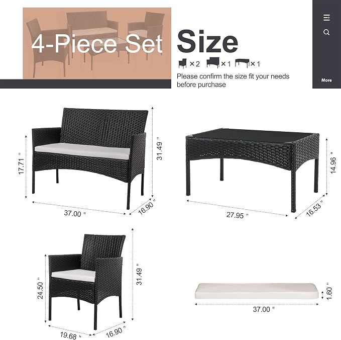 Shintenchi 4 Piece Outdoor Patio Furniture Sets, Small Wicker Patio Conversation Furniture Rattan Chair Set with Tempered Glass Coffee Table for Backyard Porch Garden Poolside Balcony,Black
