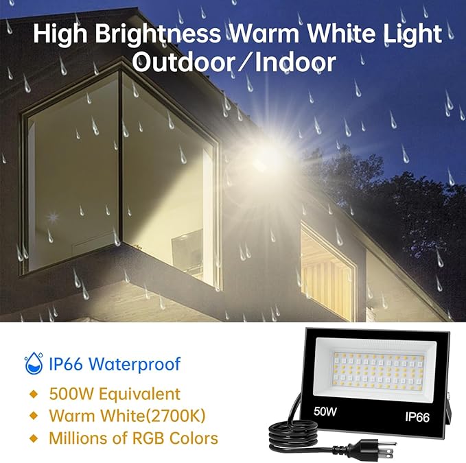 LED Flood Light Outdoor 50W, 500W Equivalent 5000LM Color Changing Stage Spotlight with APP Control, DIY Scenes - Timing - Warm White 2700K - Smart RGB Landscape Uplight, 43 Modes, IP66 Waterproof