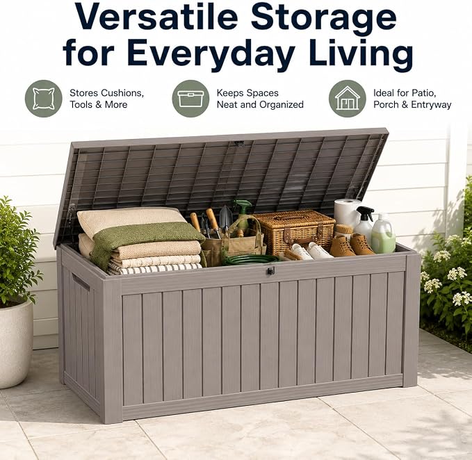 Outdoor Deck Patio Storage Box - 170 Gallon Large Outdoor Deck Box, Plastic Storage Bin with Lid, Outside Toy Box & Pool Storage Container for Cushions, Garden Tools, Towel, Brown