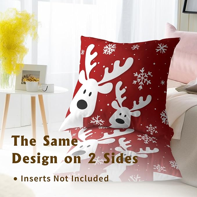 Christmas Reindeer Red Pillow Covers 22 x 22 Inch 2PCs Xmas Winter Snow Elk Deer Decorative Pillow Cases Square Cotton Cushion Cover for Bed Sofa Cushion Car Holiday Decor