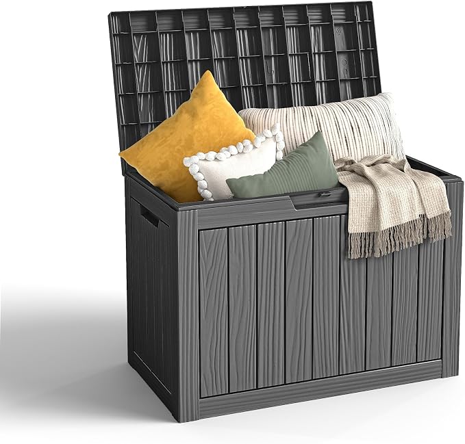 Vixzen 45 Gallon Waterproof Large Deck Box, Lockable Resin Outdoor Storage Box with Hydraulic Lid, Durable Storage Bin for Patio Furniture Cushions, Garden Tools, Pool Accessories, Balck