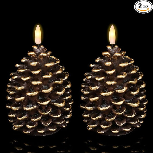 Wondise Flameless Candles with Timer, Battery Operated Flickering 3D Wick Real Wax Pine Cone Candles for Christmas Indoor Decoration, Set of 2, Brown(D3.5 x H6 Inch)