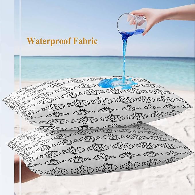 Summer Funny Animals Outdoor Waterproof Throw Pillow Covers Set of 2, 20"x12", Abstract Oceans Black Line Fish Texture Decorative Pillow Covers Outside Cushion Case for Patio Porch Garden