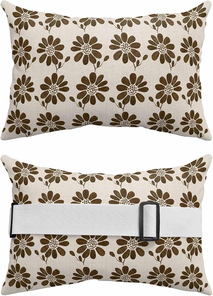 Pack of 2 Outdoor Lumbar Cushions with Inserts, Brown Flower Abstract Ethnic Linen Pattern Waterproof Fluffy Fade Body Pillows, Patio Furniture Pillow for Home Balcony Garden Decor 11x16IN