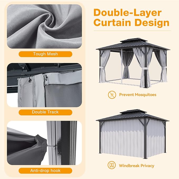 10x12FT Hardtop Gazebo, Metal Frame with Double Galvanized Steel Roof, Permanent Outdoor Pergola with Curtains and Netting Included for Backyard, Patio, Lawn and Garden, Gray