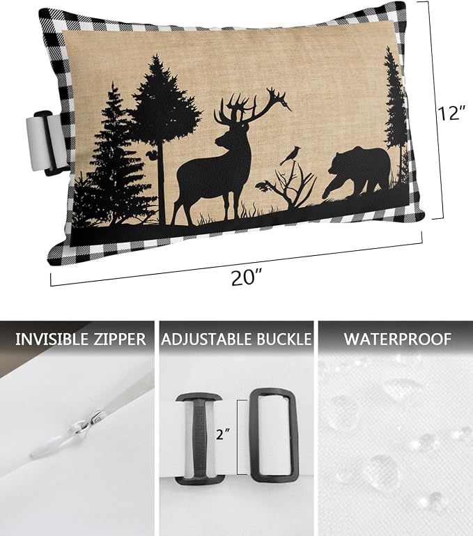 Outdoor Pillows Covers with Inserts Christmas Animal Moose Elk Xmas Tree Waterproof Recliner Pillow with Adjustable Strap Throw Pillows for Patio Furniture Pool Lounge Chair, 12x20 inch, 2PCS