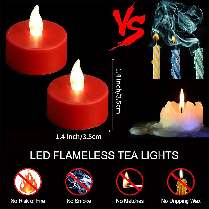 Hanzim LED Tea Lights Candles- 24PACK Red Flameless Candles Realistic and Bright Flickering Long Lasting 200Hours for Holiday Celebration,Party, Home Decoration,Battery Operated