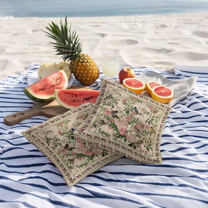 Vandarllin Outdoor Throw Pillows Covers 26x26 inch Set of 2 Waterproof Pink Floral Bird Decorative Zippered Cushion Covers for Patio Furniture, Green Leaves Branches Linen Lumbar Pillowcases