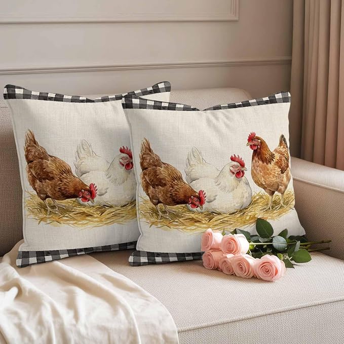 Farmhouse Rooster Outdoor Waterproof Pillow Covers, Farm Chicken Animals Retro Buffalo Plaid Decorative Square Throw Pillowcase Sofa Cushion Sham for Patio/Couch/Chair, 24"x24" 2 Pack