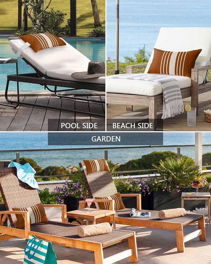 Pack of 2 Outdoor Lumbar Pillow Covers 12x20 Inch, Burnt Orange Beige Striped Waterproof Throw Pillow Covers Set, Modern Farmhouse Retro Lines Indoor&Outdoor Cushion Cases for Patio Porch Beach