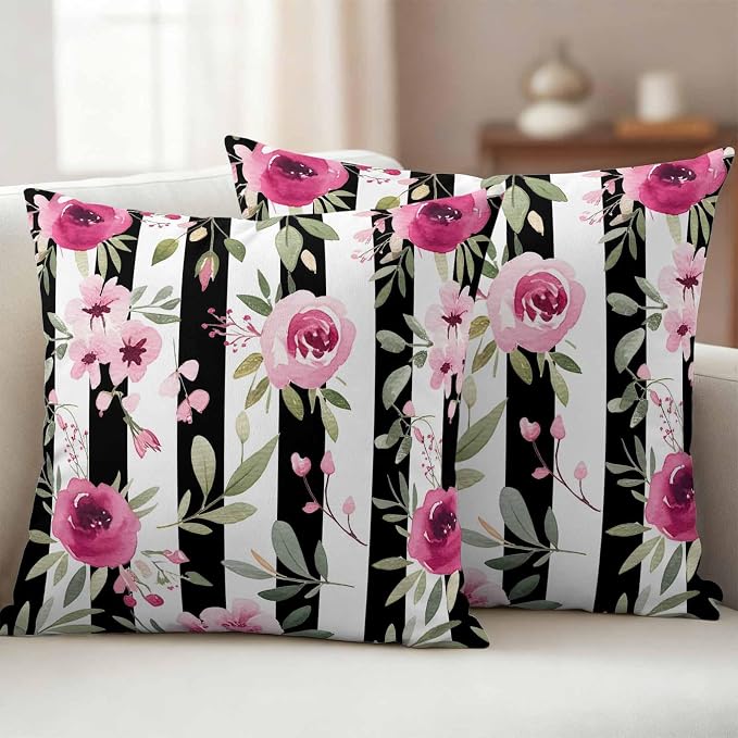Outdoor Throw Pillow Covers Waterproof Pillow Cases 18x18in Watercolor Pink Floral Decorative Cushion Cases for Couch Sofa Patio Garden 2 Pack Black and White Stripes