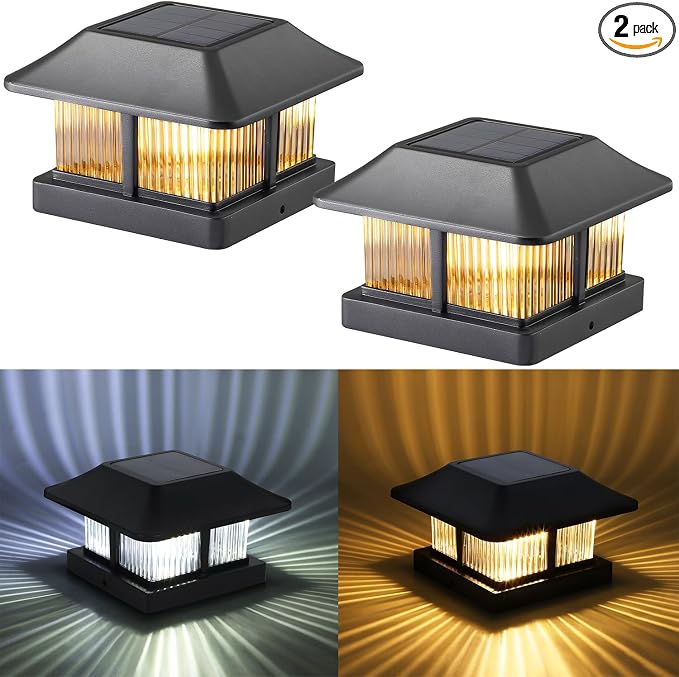 Dynaming 4x4 Solar Post Cap Lights Outdoor with 2 Color Modes, Fence Post Solar Lights Black Shell Brightness SMD LED Lantern Lamps Waterproof for Garden Deck Patio, Fit Wooden/Vinyl Posts, 2 Pack