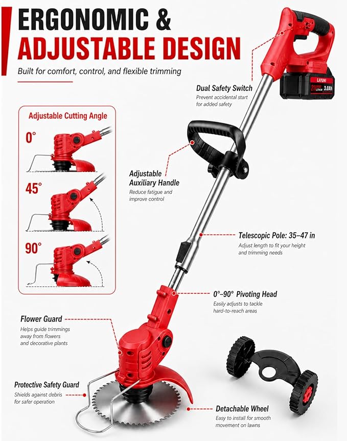 Cordless Weed Wacker with Wheels, 880W Electric Weed Eater with 2 x Batteries, 3-in-1 Battery Powered Grass Trimmer/Brush Cutter with 5 Types Saw Blades, Lightweight for Lawn & Garden