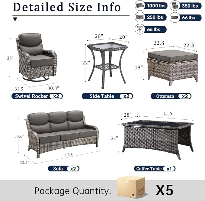 Luxury 6" Thick Cushion 9 Pieces Wicker Patio Furniture Set with High Back Swivel Rocker Chairs, Outdoor Conversation Set with Patio Couch for Deck Porch Yard and Poolside
