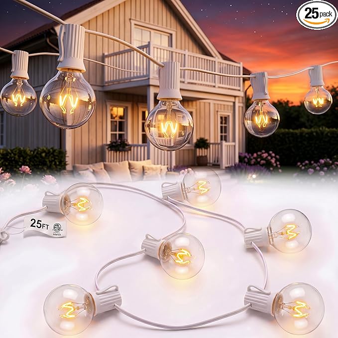Abeja 25FT Outdoor White String Lights, G40 Globe Patio Lights with 27 Clear G40 Bulbs, Waterproof Hanging Outdoor Light for Backyard Porch Balcony Party Decor - White Wire