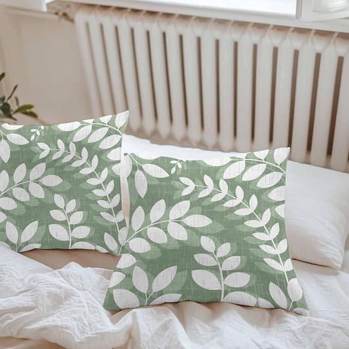 Green Leaves Outdoor Waterproof Throw Pillow Covers 24x24 Set of 2, Farmhouse Botanical Branch Vintage Boho Leaf Decorative Pillowcases Cushion Pillowcase for Couch Sofa Patio Outside Pillow Protector