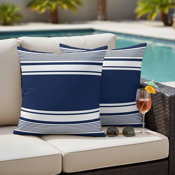 Outdoor Waterproof Throw Pillow Covers, Navy Blue Striped Decorative Pillow Cases, Modern Color Block Farmhouse Stripes Couch Pillow Protector Patio Sofa Cushion Covers Replacement 18"x18" 2 Pack