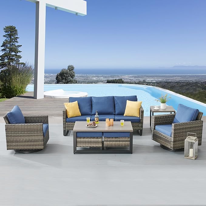 Belord 7 Piece Outdoor Furniture Patio Wicker Sofa Set, Oversize Outdoor Swivel Rocker Chairs with Rattan Ottomans, Conversation Sets Patio Furniture Come with Removable Washable Cushion Blue