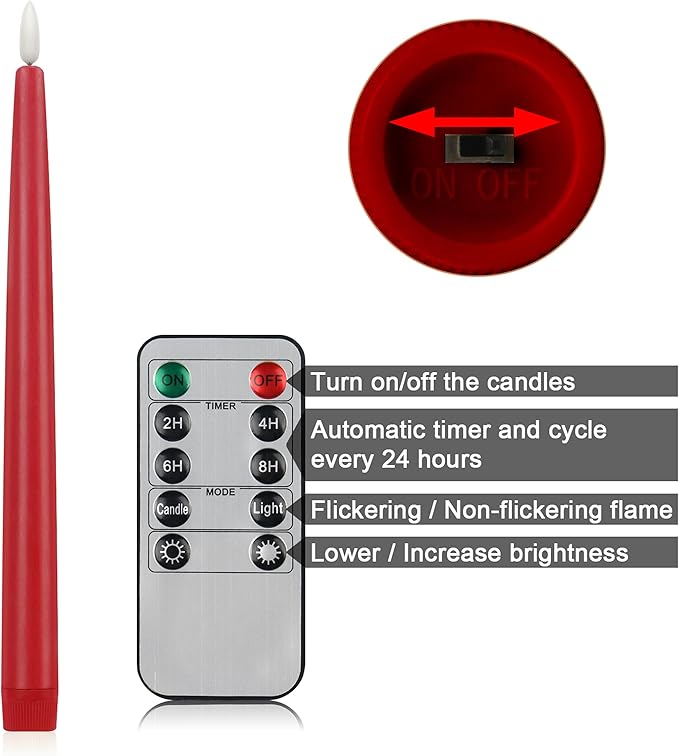 CVHOMEDECO. Flameless Taper Candles with 10-Key Remote, Battery Operated Led Flickering 3D Wick Window Candles Real Wax Finished Home Christmas Party Decor 0.78 x 11 Inch, Pack of 2 Red